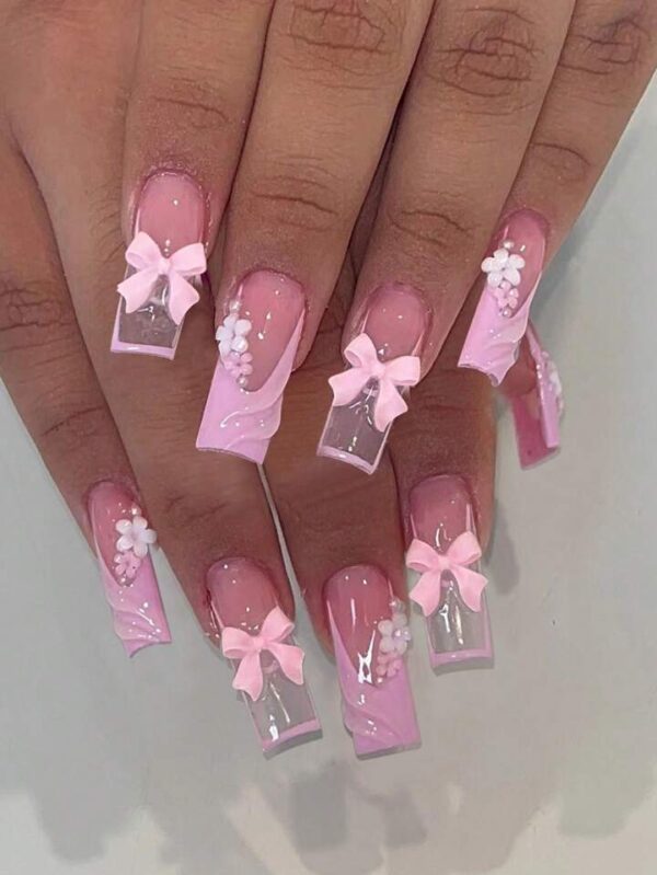 24 Pièces Ensemble De Faux Ongles Acryliques Avec Design De Fleurs Et Nœuds Roses