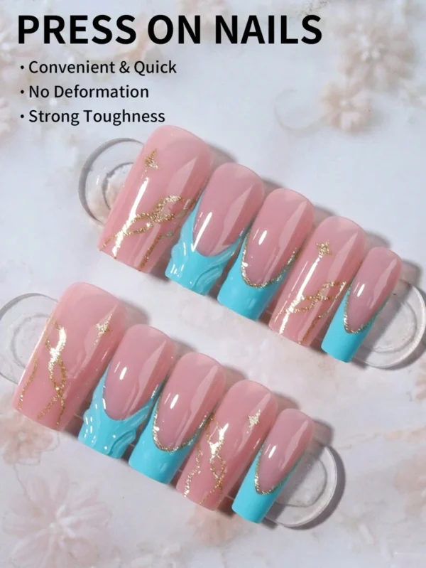 24 Pièces Fausses Ongles Carrées En Gel 3D Avec Design Dégradé, Contient 1 Pièce De Colle De Gel – Image 2